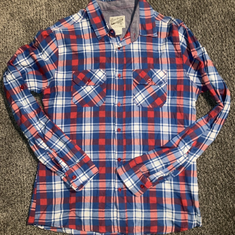 Men's Overdrive Clothing Red Blue & White Tartan Long Sleeve Button Down Size L